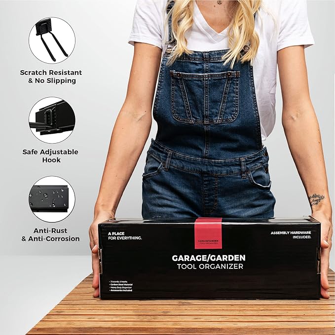 TIDYME Heavy-Duty Garage Wall Storage System | Wall Mounted Tool Organizer Rack with Shelving | 12-Piece Mounting Kit | 6x10” Double-Layered Hooks & 2x24” Floating Utility Shelves