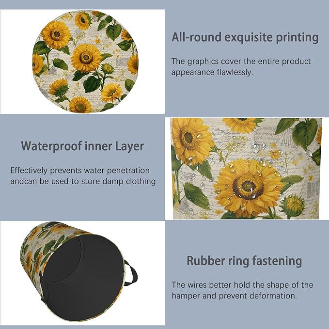 Vintage Sunflowers Laundry Basket,Oxford Cloth Laundry Hamper with Handle Foldable Portable Clothes Storage Basket for Bathroom Bedroom Dorm Room 16" x 20.8"