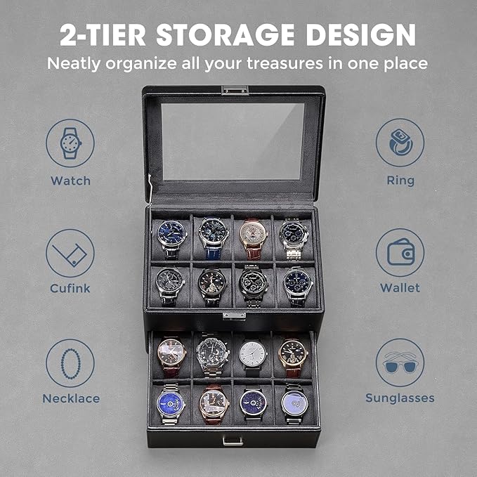 ProCase Watch Box for Men, Jewelry Organizer Box with Drawer, Display Storage Case with Glass Lid -Black, 16 Slot