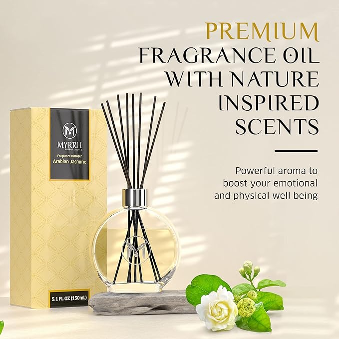 Arabian Jasmine Scented Reed Diffuser Set with 8 Rattan Diffuser Sticks, 150 ml, All Natural Air Freshener, Long-Lasting Diffusers at Home - MyrrhUSA