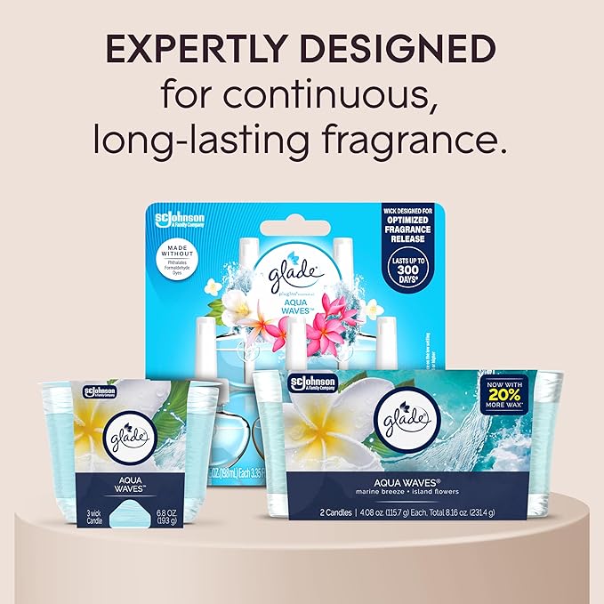 Glade Candle Aqua Waves, Fragrance Candle Infused with Essential Oils, Air Freshener Candle, 3-Wick Candle, 6.8 Oz, 3 Count