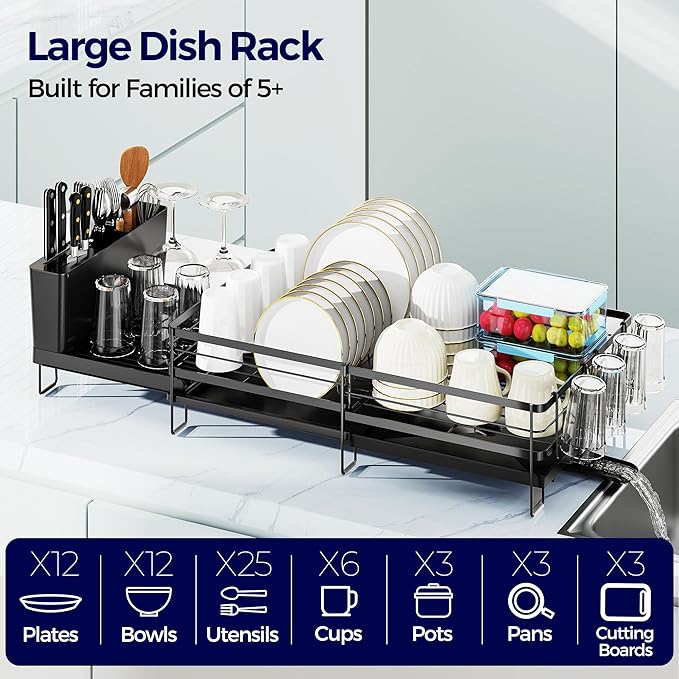 Pantasia Large Dish Drying Rack, Expandable Dish Rack for Kitchen Counter, Upgraded Dish Drainer with Drainboard Set, Multifunctional Dishrack with Utensil Holder & Cup Holder, 13.4"-28.7" L x 11.8" W