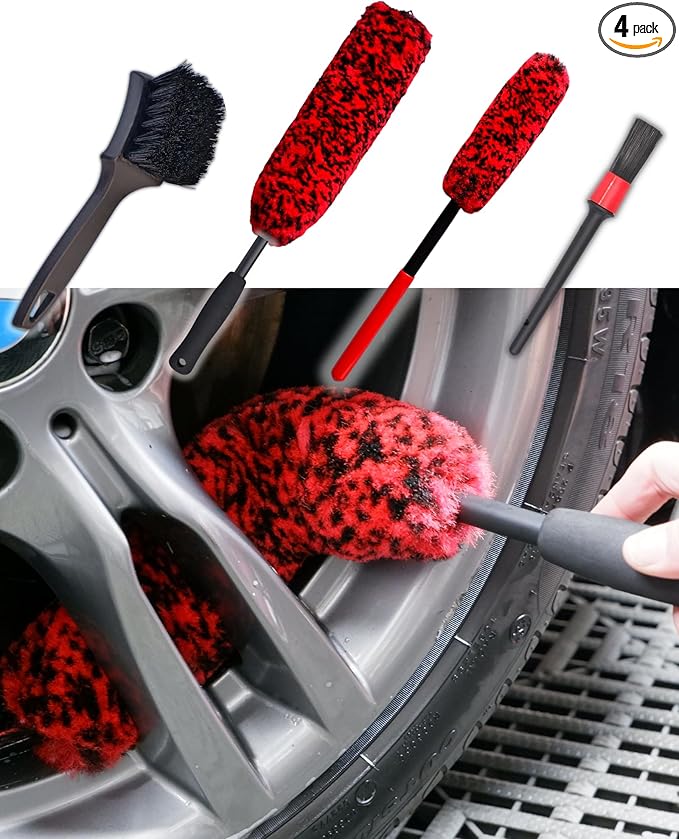 oesee Professional 4 Pack Long Handle Wheel Brush Kit for Cleaning Wheel and Tire- 2X Soft Wheel Cleaning Brush, Detailing Brush and Stiff Tire Brush, Bendable& Durable Wheel Rim Cleaner Brush Set