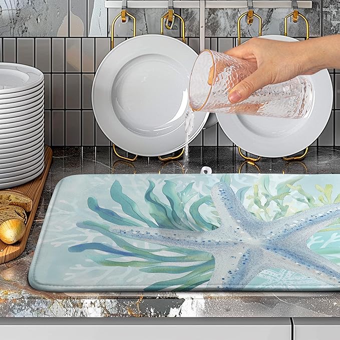 Summer Coastal Dish Drying Mats for Kitchen Counter Nautical Beach Starfish Coral Drying Pad Ocean Teal Blue Dish Draining Mats Absorbent Microfiber Dish Drainer Rack Mat Extra Large 18"x24"