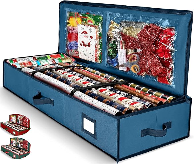 Premium Wrapping Paper Organizer Storage | Gift Wrap Holder with Extra Pockets for Christmas Decorations, Reinforced Handles, Heavy Duty, Ultra-Durable, Tear-Proof Fabric - Fits Up to 27 Rolls (Blue)