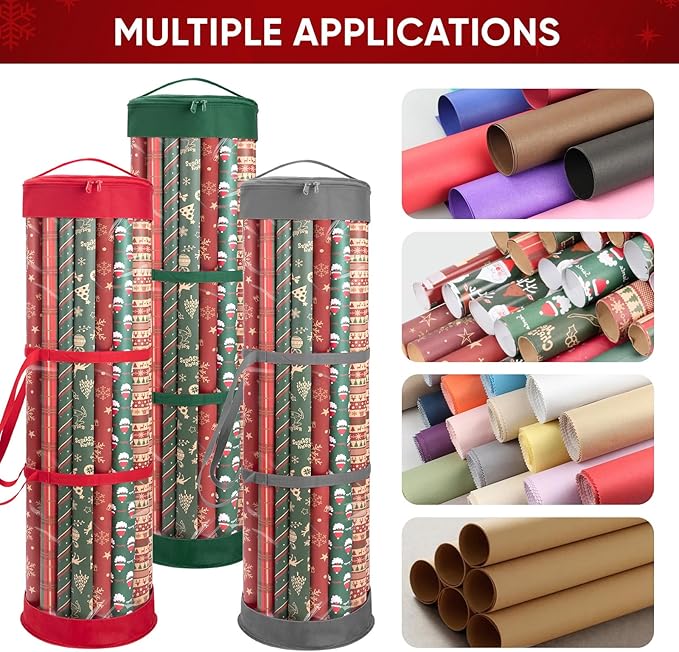 BALEINE Christmas Wrapping Paper Organizer Storage, 41" Gift Wrapping Paper Storage Containers, Clear PVC with Durable 600D Oxford Fabric Gift Wrap Paper Holder Fits 18-25 Rolls, Black