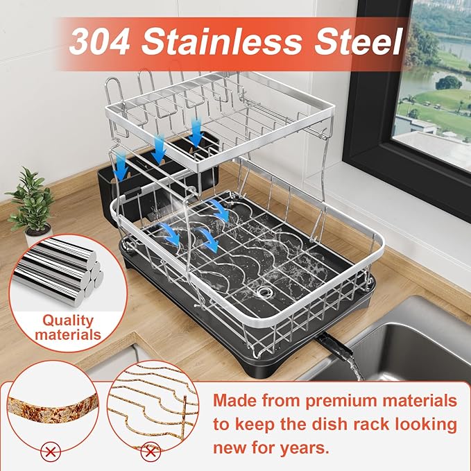 HOMEAILIE 2-Tier Dish Drying Rack for Kitchen Counter, 304 Stainless Steel with Adjustable Drainboard, Removable Utensil Holder & Water Filter Tray, Black