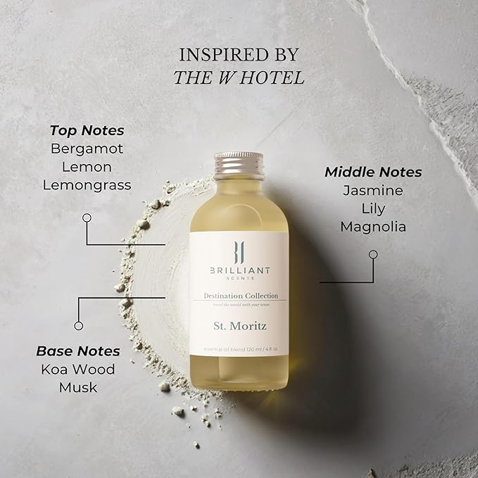 Brilliant Scents St. Moritz Fragrance Oil 200ml - Premium Diffuser Oil for Home, Office, Hotels - Long Lasting, Plant-Based, Meets IFRA Standards, USA-Made - Lemongrass, Magnolia, Koa Wood