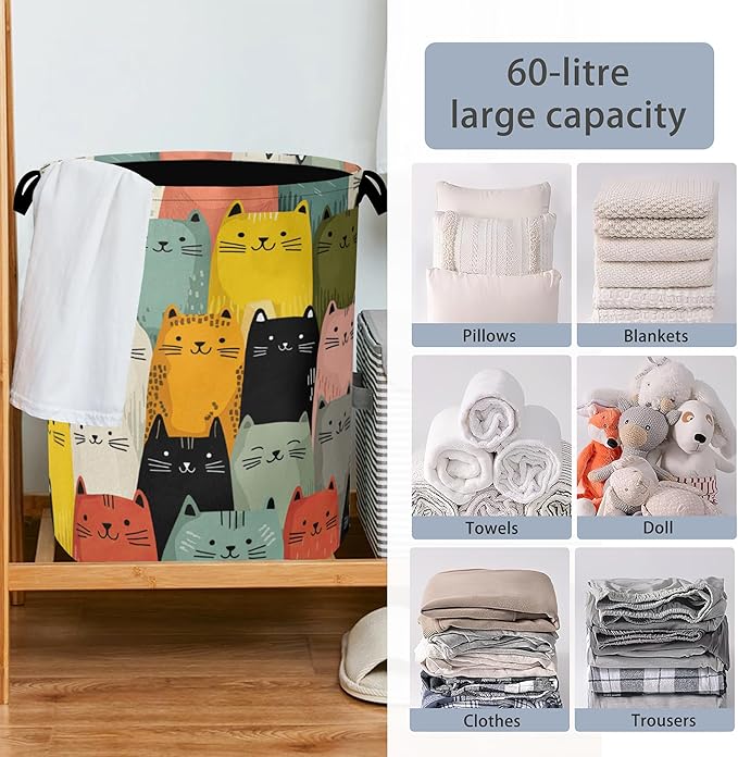 Cute Cat Laundry Basket,Foldable with Handles Tote Bag Oxford Cloth for Bathroom Bedroom Dirty Clothes Storage Bucket 16" x 20.8"