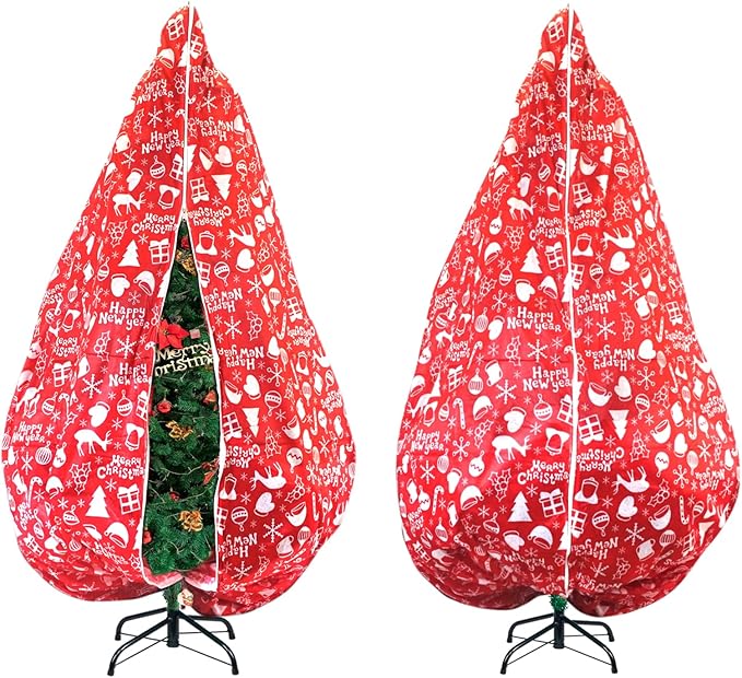 Upright Xmas Tree Storage - fits up to 6.5 ft Height, Dustproof Bag with Zipper & Drawstring, 6ft*6.6ft*52in (Red)