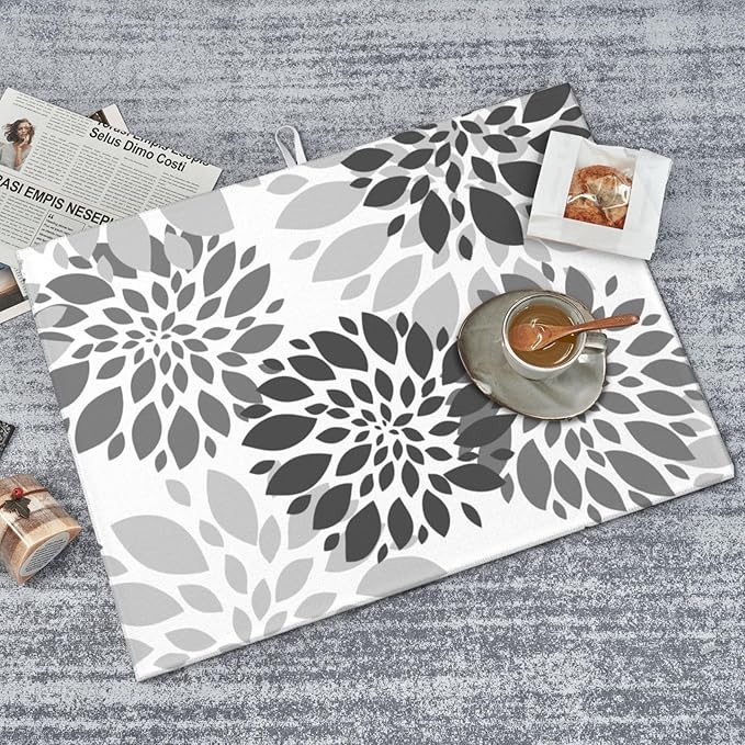 Black White Dahlia Dish Drying Mat for Kitchen Counter Decor Grey Geometric Dish Drying Rack Pad Super Absorbent Reversible Microfiber for Dishes, Utensils, Countertops, Sinks, Coffee 18x24 Inch