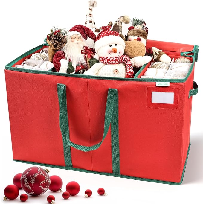 Large Christmas Ornament Storage Box Stores Up to 80 Ornaments with Reinforced Handle and Double Zipper Decorative Ornament Storage Container Xmas Decoration Storage Box (Red)