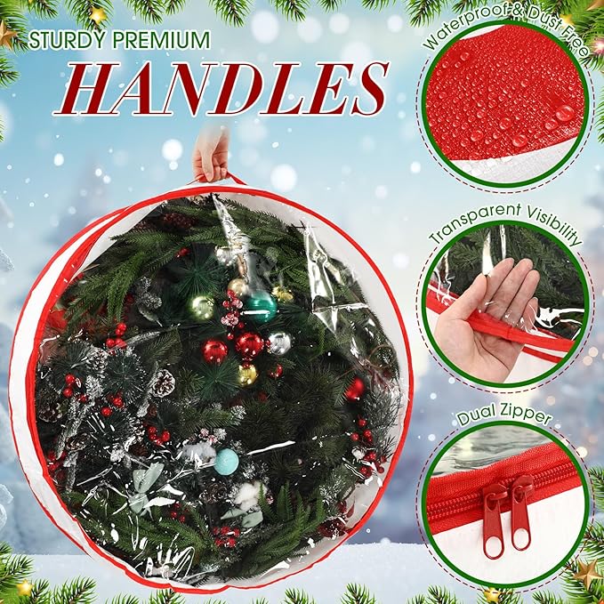 4 Pcs 24 Inch Christmas Wreath Storage Bag Candy Cane Wreath Storage Container Clear Window Dual Zipper Handle Red White Peppermint Garland Organizer for Holiday Decoration, Classic Lollipop
