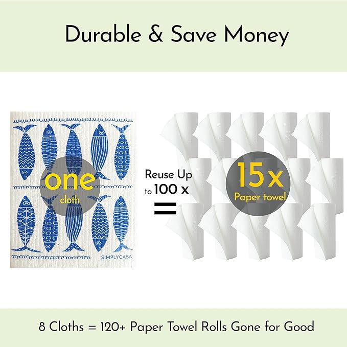 SIMPLYCASA 8 Pack Reusable Swedish Dishcloth, for Kitchen and Household Use, Super Absorbency, Made in Sweden, Cellulose Sponge Dish Cloths, Paper Towel Replacement, Plastic-Free Packaging