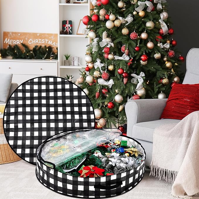 Aliceset 4 Pack Wreath Storage Containers, Christmas Ornament Garland Wreath Storage Bags with Handle Dual Zipper Large Decorative Storages Box for Winter Wreaths(36 x 36 x 7.8 Inch,Black White Plaid)