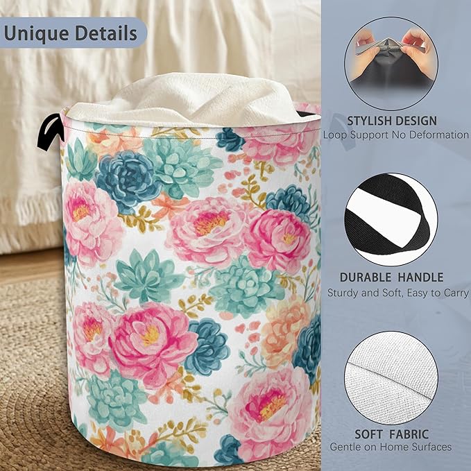 Succulent Plant Laundry Basket,Pink Flowers Oxford Cloth Laundry Hamper with Handle Foldable Portable Clothes Storage Basket for Bathroom Bedroom Dorm Room 16" x 20.8"