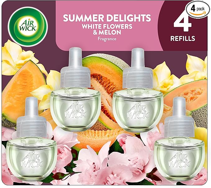 Air Wick Plug In Scented Oil Refill, Infused with Essential Oils, Plug In Air Fresheners for Home, Summer Delights, 4 ct
