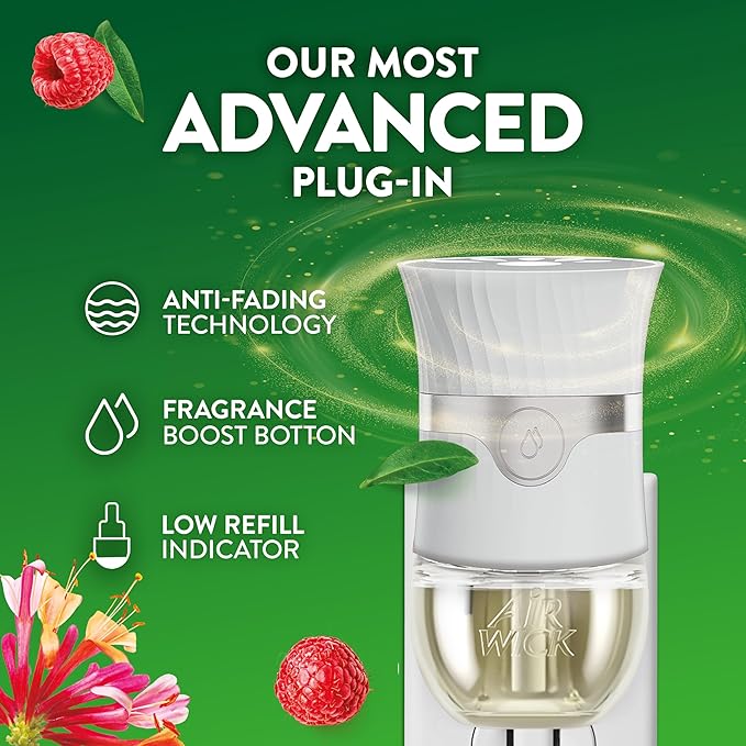 Air Wick Plug In Scented Oil Refill, Infused with Essential Oils, Plug In Air Fresheners for Home, Honeysuckle & Raspberry, 4 ct