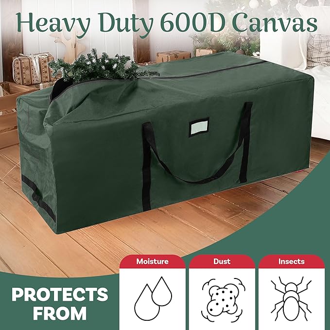 Rolling Christmas Tree Storage Bag- For 12 FT Artificial Trees-Green Canvas Duffel with Wheels-Protects Holiday Decorations & Inflatables by Elf Stor