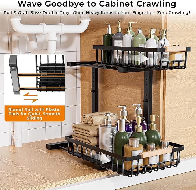 ENRUNEST Under Sink Organizer,2 Pack Under Kitchen Sink Organizer,2 Tier Sliding-Out,5 Level Height Adjustable,Thickened Carbon Steel,Anti-rust Treatment,For Kitchen Bathroom Black