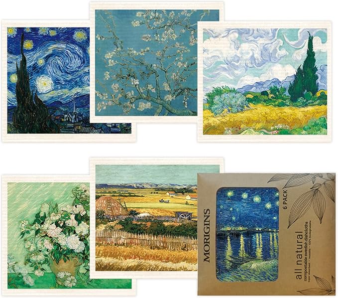 Morigins Swedish Dishcloths for Kitchen 6 Pack Van Gogh Painting Cellulose Sponge Cloths Non Scratch Reusable Paper Towels No Odor, Biodegradable and Reusable Kitchen Dish Rags