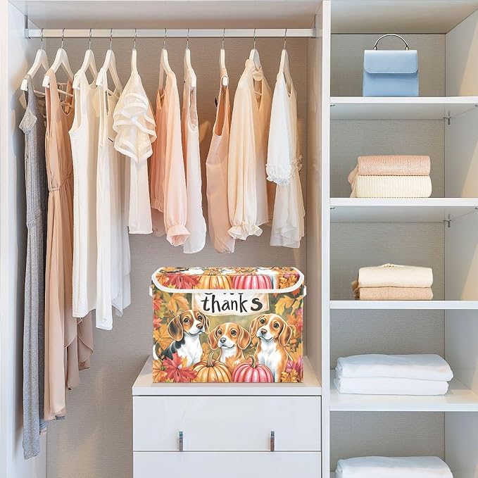 Bolaz Storage Bins with Lids and Handles,Dog Autumn Leaves Storage Box Basket with Cover Collapsible Organizer Containers for Home Closet, Shelves