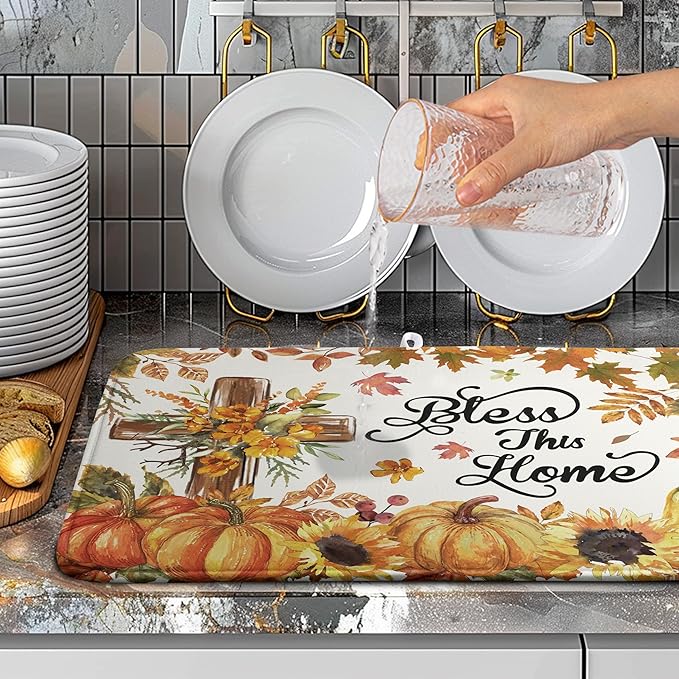 Wnoesat Fall Drying Mat for Kitchen Counter Autumn Thanksgiving Pumpkin Cross Dish Mat Sunflower Maple Leaf Absorbent Microfiber Dish Draining Mat Reusable Dishes Pad Extra Large 18"x24"