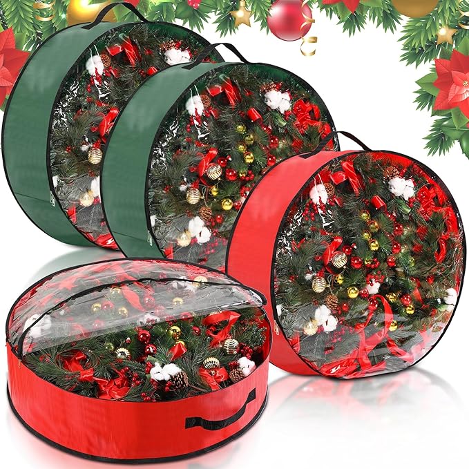 Aliceset 4 Pack Wreath Storage Containers, Christmas Ornament Garland Wreath Storage Bags with Handle Dual Zipper Large Decorative Storages Box for Winter Wreaths(24 x 24 x 7.8 Inch,Red, Green)