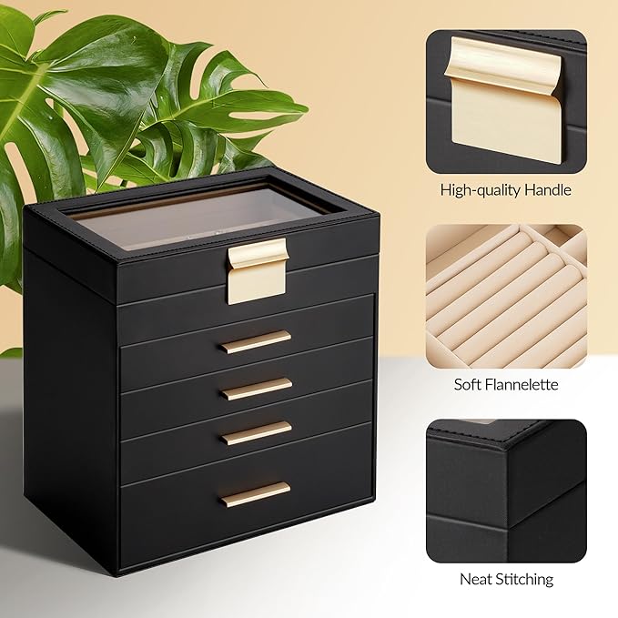 Jewelry Box, 5 Layers Jewelry Storage Display Box with Glass Lid for Women, 4 Drawers,Large Capacity for Necklace Earrings Bracelets Rings, Black