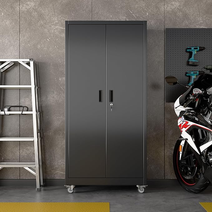 Garage Storage Cabinet with Wheels & Pegboard, Lockable Metal Storage Cabinet with Doors and 5 Adjustable Shelves for Garage, Home, Storage, Assembly Required, Black, 71" H×34" W×18" D