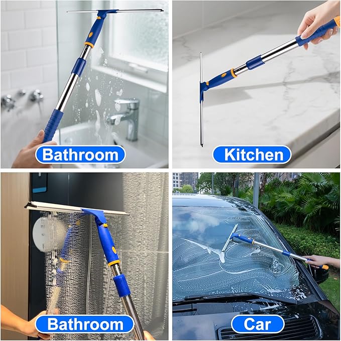 ITTAHO Shower Squeegee for Glass Doors, All-Purpose Extendable Window Squeegee with 2 Blades and Stainless Steel Pole, Window Cleaner Tool for Shower Doors, Windows, Bathroom and Car Windshields