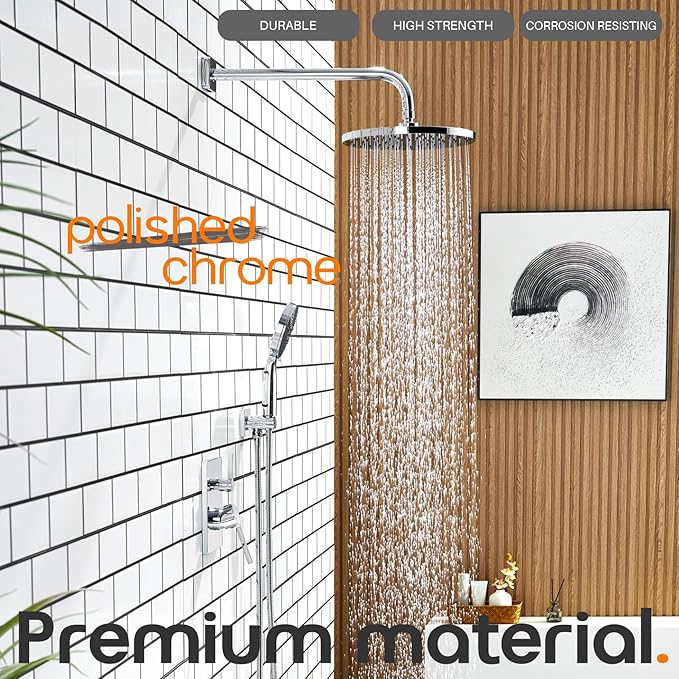Shower System Set Includes 10-Inch Rainfall Shower Head, 3-Setting Handheld Spray and Pressure Balance Valve, Polished Chrome Wall Mounted SF001CH-D10