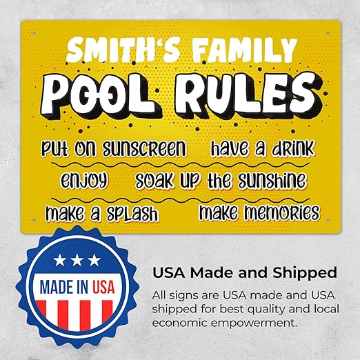Custom Pool Sign, Pool Rules Put On Sunscreen for Pool Décor Sign, 12x18 Inches, Rust Free .063 Aluminum, Fade Resistant, Made in USA by Sigo Signs