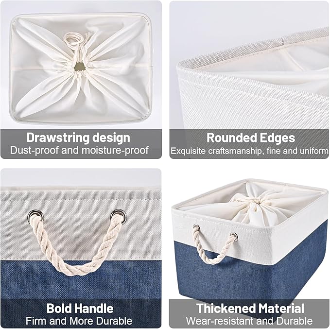 HOdo Home 3PCS Storage Bins, Fabric Bin with Drawstring Closure and 2 Bold Handles, Collapsible Large Canvas Baskets for Organizing Shelf Nursery Home Closet (15.8×11.8×9.5 In, White and Navy)
