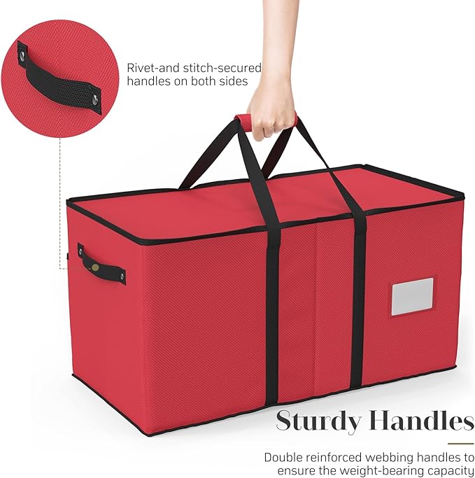 Christmas Ornament Storage Box with 8 Trays, Christmas Storage Container for 128-3'' Holiday Ornament Decorations, Large Xmas Organizer with Adjustable Dividers, Dual Zipper and Pocket - Red