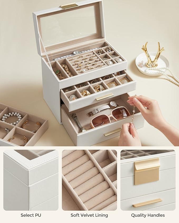 SONGMICS Jewelry Box Organizer with Glass Lid, 4-Layer Jewelry Storage, with 3 Drawers, Modern Style, 6 x 9.9 x 8.5 Inches, Cloud White and Gold Color UJBC161W01