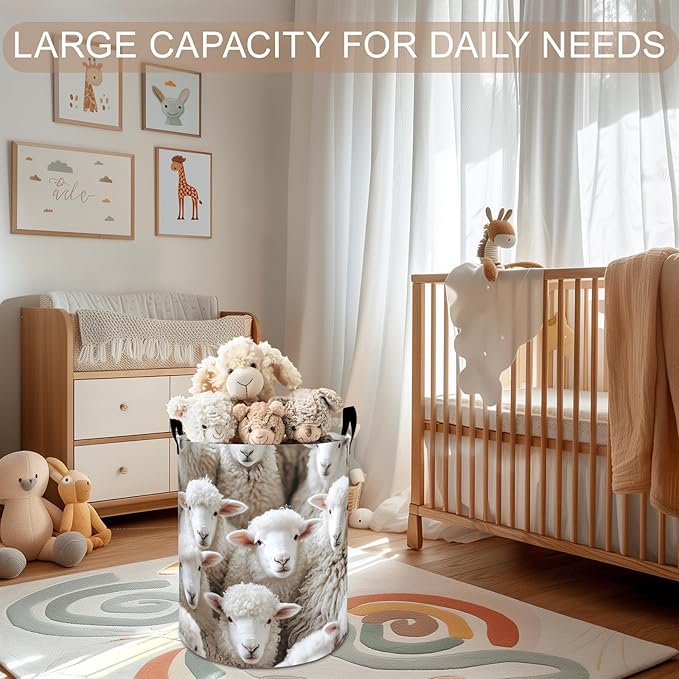 Cute Sheep Laundry Basket Hamper 19.7"x15.8", Farmhouse Foldable Waterproof Oxford Clothes Storage Bucket for Room Bathroom Bedroom Nursery Decor, Toy Organizer Bins Gifts for Kids Boys Girls
