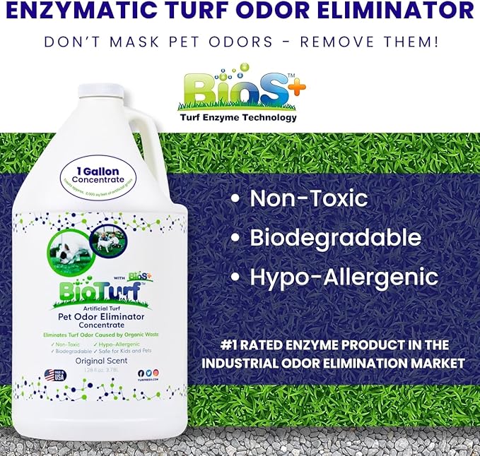BioTurf BioS+ Odor Eliminator Concentrate - Artificial Turf Cleaner for Dog Urine & Feces - Outdoor Yard Deodorizer Enzyme Odor Eliminator for Fake Grass, Patios, Kennels & Gravel - 1 Gallon