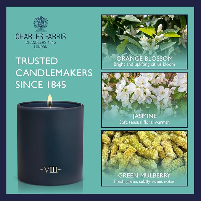 Charles Farris Luxury Scented Candle – 1 Wick, Hand-Poured, Long Lasting, Clean Burning, 210g / 7.5oz, Burns for up to 50 Hours, Made in England – Orange Blossom, Jasmine & Green Mulberry – Elizabeth