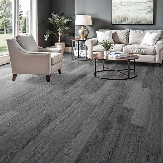 Peel and Stick Floor Tile, INMOZATA Self Adhesive Vinyl Plank Flooring Wood Grain Look 36-Pack 54 Sq.Ft Grey Waterproof Tile Sticker for Bedroom, Living Room, Kitchen, RV(Slategray)