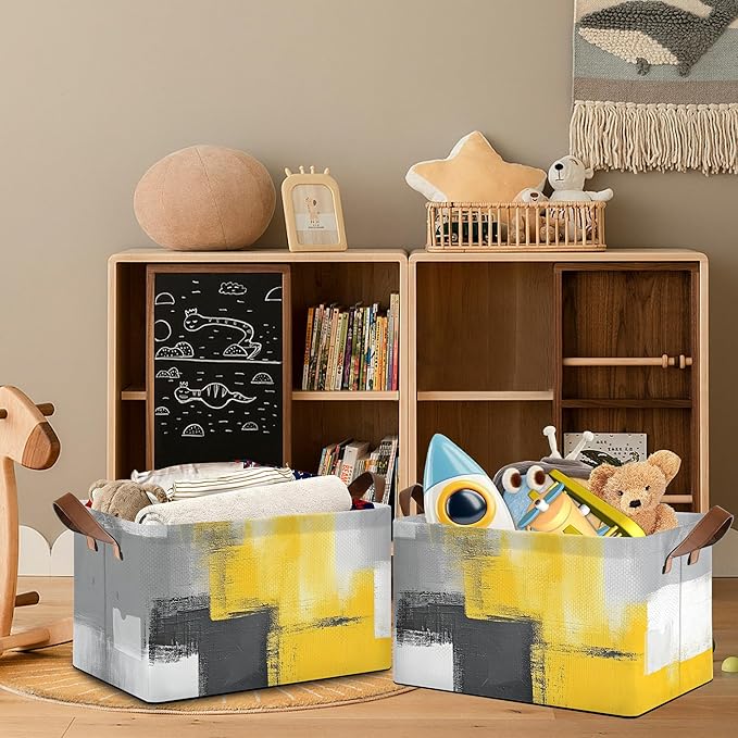 Yellow Gray Storage Baskets,Modern Art Foldable Large Capacity Organizer Bins with Waterproof Lining and Leather Handles for Closet,Shelf,Bedroom 17x11.5x10Inch