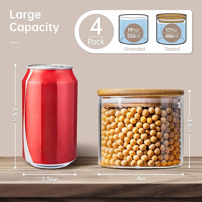 HomArtist 17oz - 4 Pack Glass Jars with Bamboo Lids, Glass Food Storage Containers with Airtight Lids, Air Tight Pantry Storage Containers for Coffee, Sugar, Spice, Meal Prep Jars for Salad & Fruit