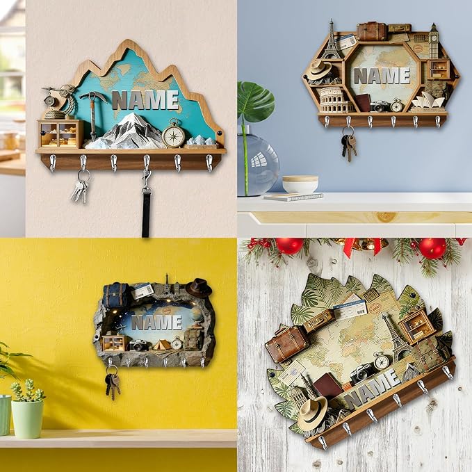 Personalized 2D Flat Print World Travel Themed Mounted Hooks for Men Women Family Friends Lovers Custom Name World Map Key Storage Holder Travel Coat Rack Home Decor Gift for Living Room Hallway