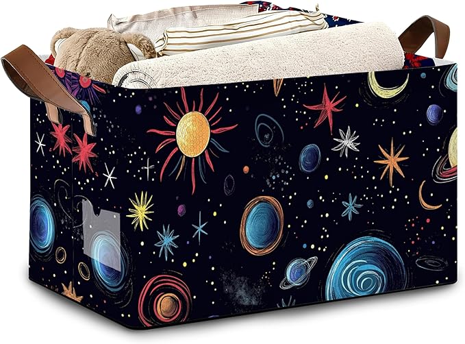Celestial Planet Collapsible Storage Box,Sun Star Organizer Bin with Handles for Room Decoration,Bins Book Basket Box 17x11.5x10Inch