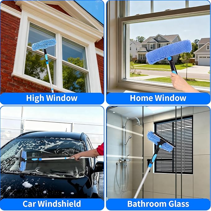 152'' Window Cleaning Kit, 2 in 1 Window Squeegee with Extension Poles, Window Cleaner Tools for Indoor/Outdoor High Window, Car, Glass