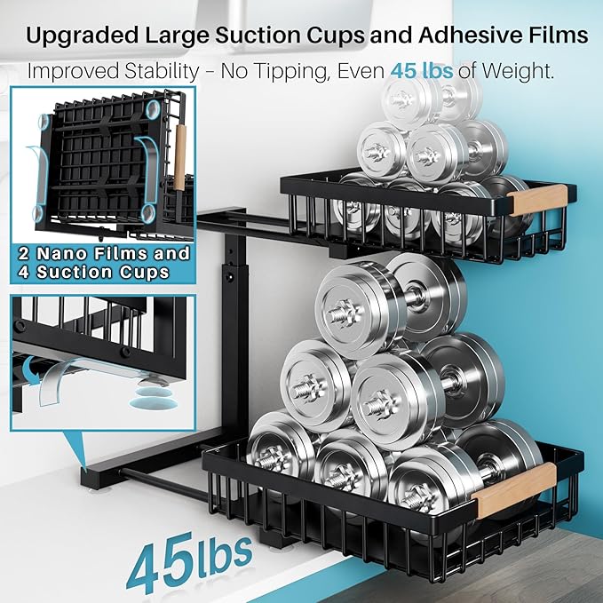 Jusdyrack 1 Packs 2 Tier Pull Out Cabinet Organizer Storage Shelf, Sliding Under Sink Organizers, Metal Drawer for Kitchen, Bathroom, Pantry Closet Organization Rack,Black