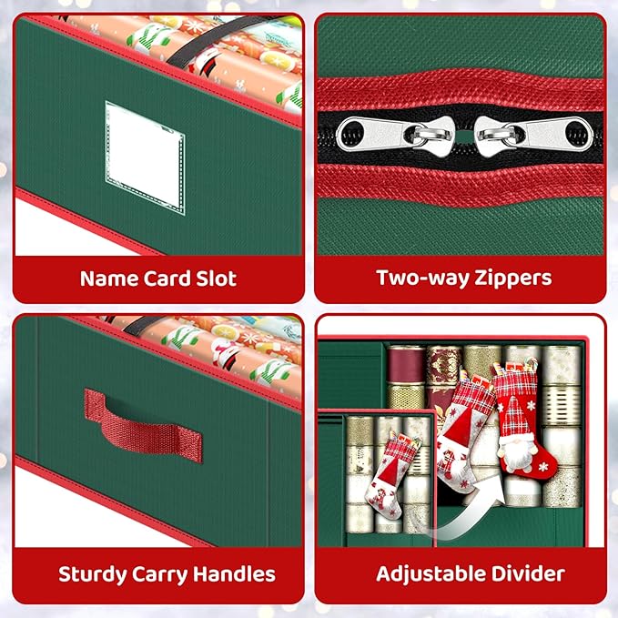 BlessedSeason Wrapping Paper Storage Organizer for 40 Inch Christmas Gifts Wrapping Paper, 2 Visible Supplies Pockets for Holiday Accessories, Christmas Decoration Storage Containers, Green