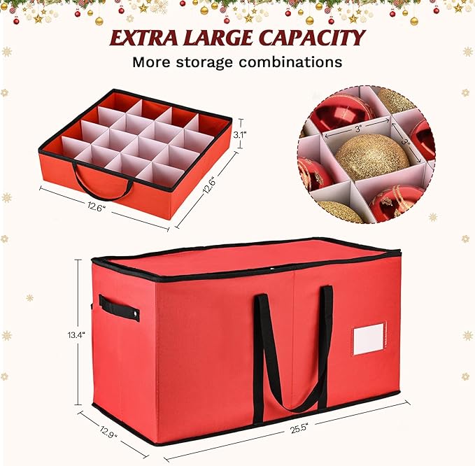Christmas Ornament Storage Box, Ornament Storage Organizer Fits 128 of 3 inch Ornament Balls, 8 Removable Tray Ornaments Storage Containers with Dividers to Store Xmas Holiday Decor(Red)