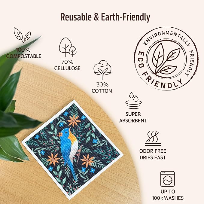 Augine Swedish Dishcloths for Kitchen, 5 Pack Reusable Paper Towels Washable, Super Absorbent Kitchen Towels, No Odor Dish Rags, Biodegradable, Quick Drying, Dishwasher Safe