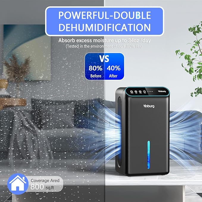 Dehumidifiers for Home (85 OZ Water Tank, 800 sq.ft) Quiet Small Dehumidifier for Basement Bedroom Bathroom with Drain Hose, 3 Gear Timer, Sleep Mode, Auto Shut Off, 7 Color Ambient Light